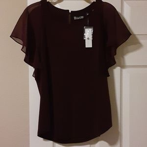 Pretty oxblood flutter sleeve top sz M.
